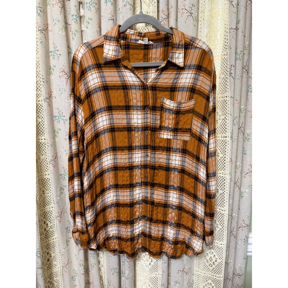 Jane + Delancey Large Rust Plaid Crinkle Button Down Oversized Shirt - Picture 1 of 4